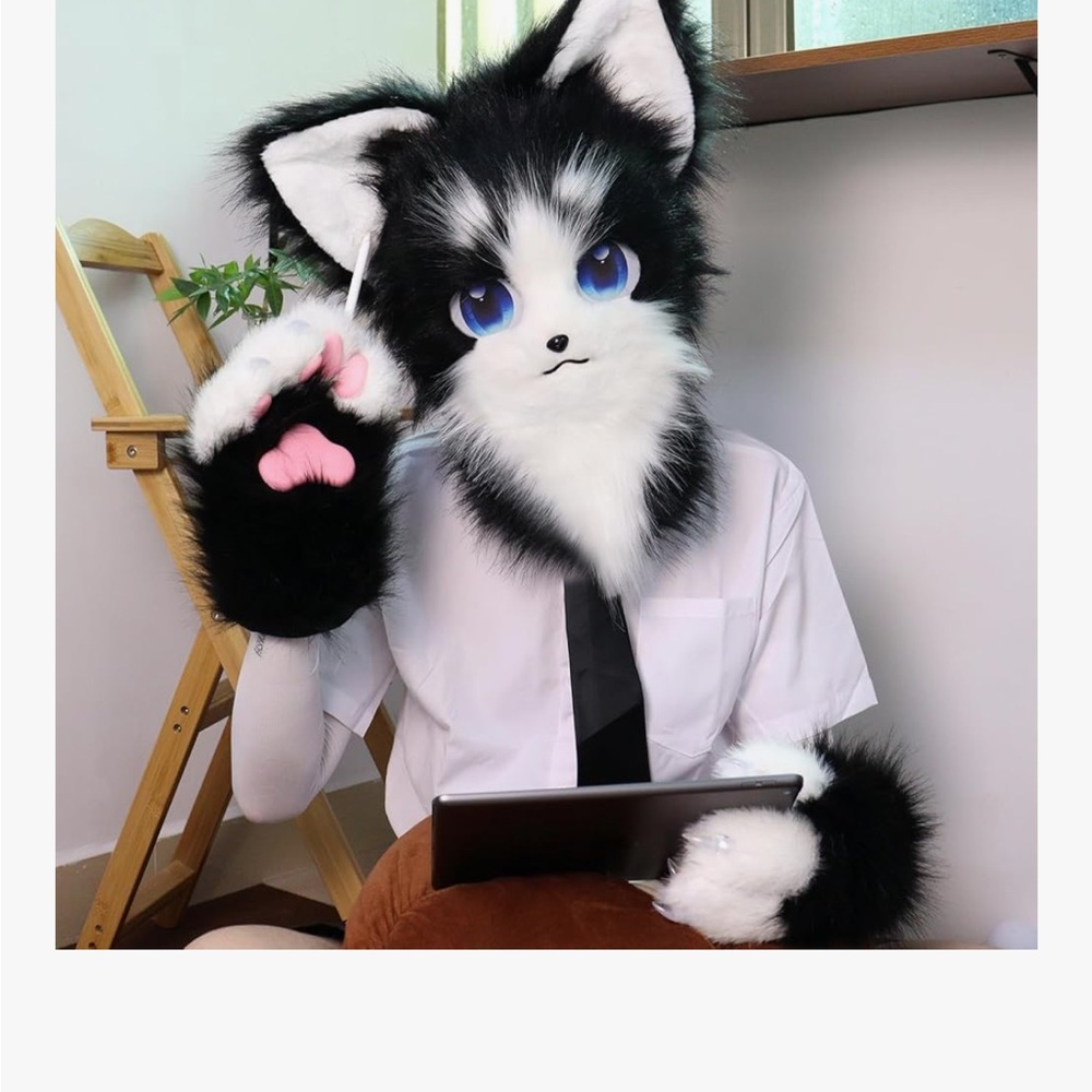 Black and White Furry Costume Set with Pink Paw Pads